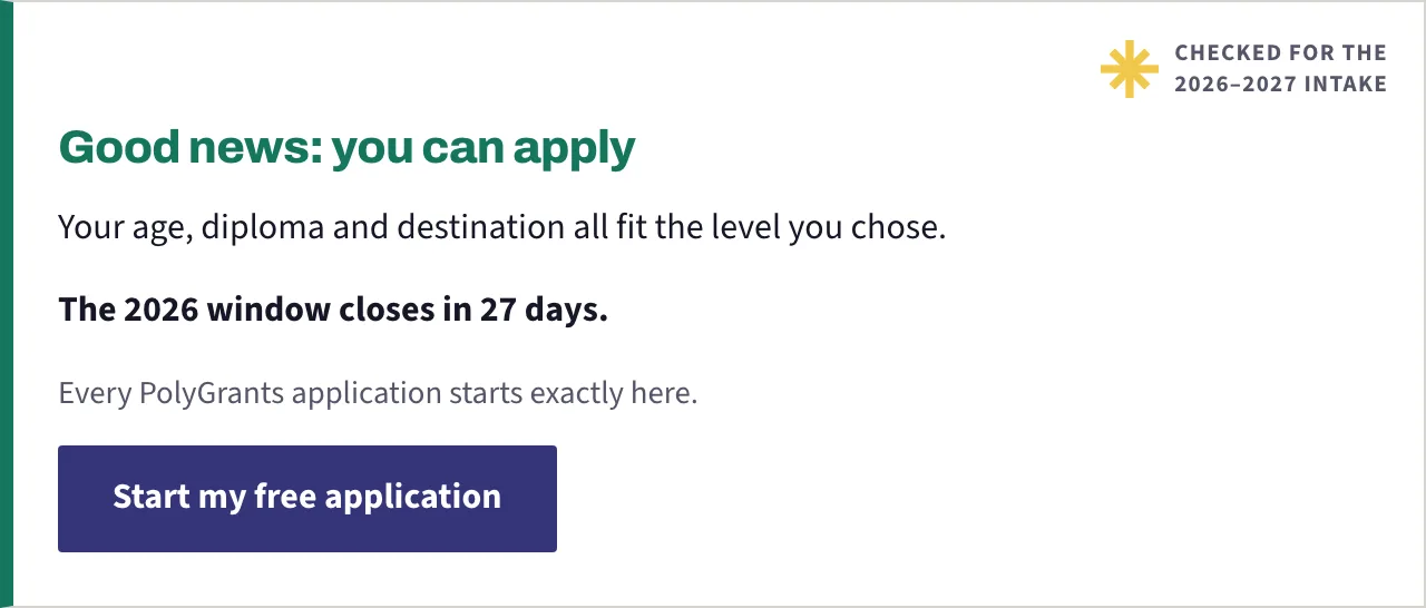 The green result panel confirming the student can apply, with the days left in the application window