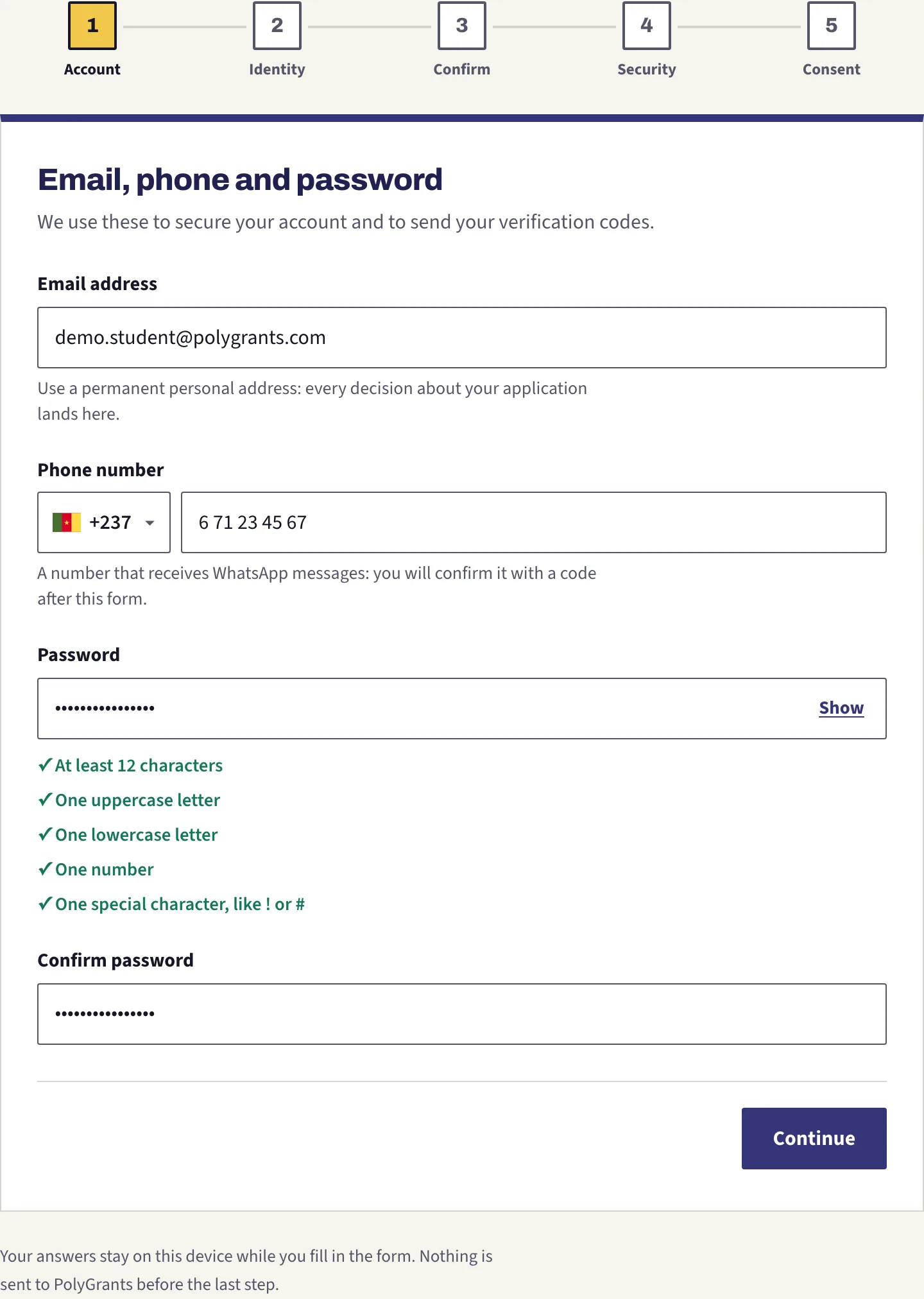 Step 1 of 5, with the email address, the phone number and the password filled in and all five password rules ticked green