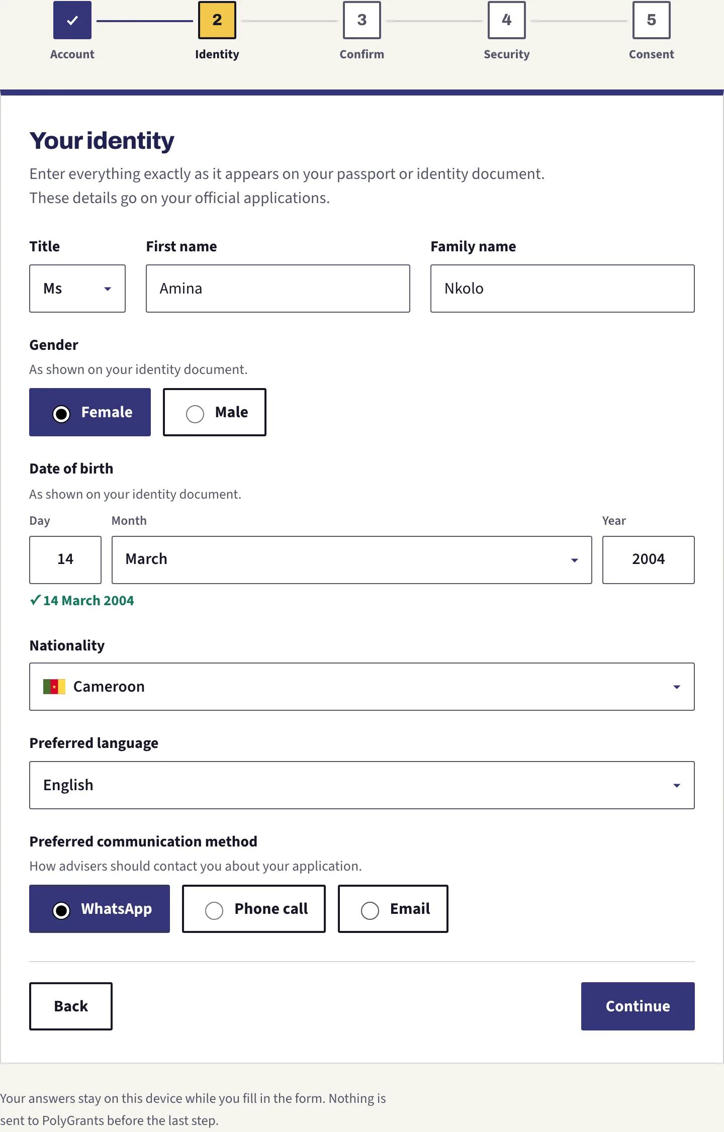 Step 2 of 5, the identity details copied from the passport: title, first and family name, gender, date of birth and nationality