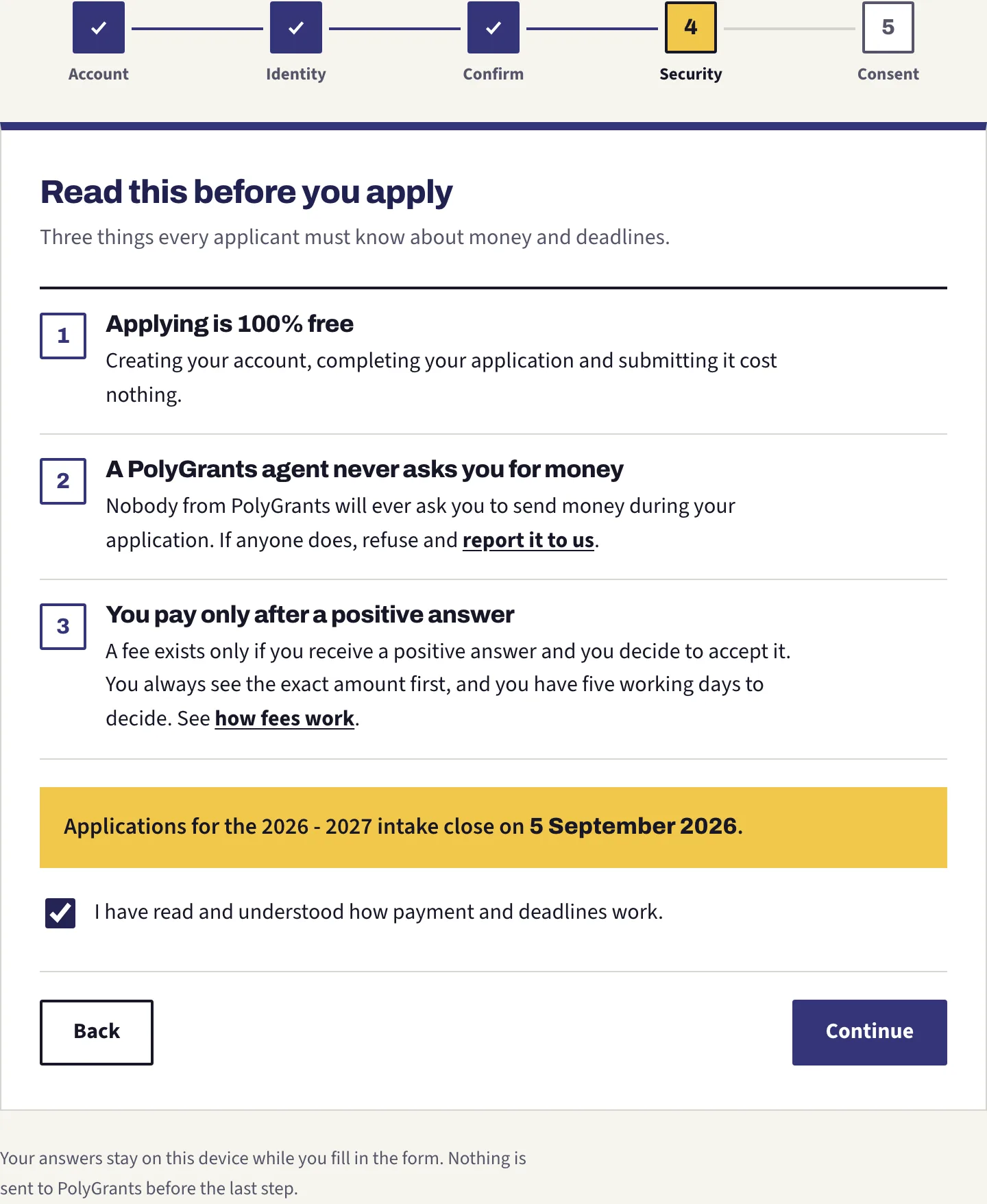 Step 4 of 5, the three notices about money and deadlines, with the acknowledgement box ticked