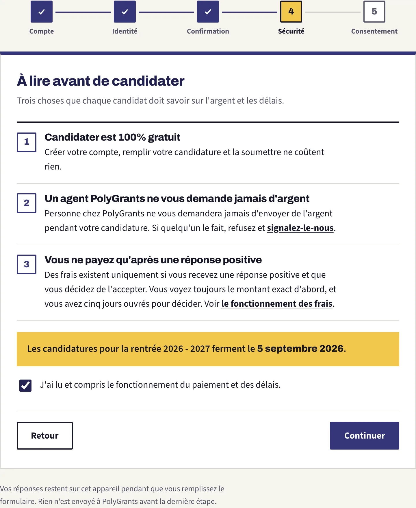 Étape 4 sur 5, les trois avis sur l'argent et les délais, avec la case d'accusé de lecture cochée