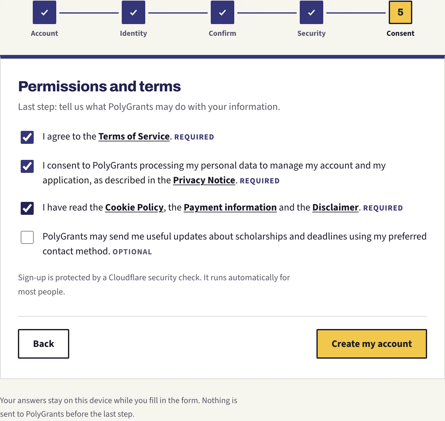 Step 5 of 5, the three required consent boxes ticked and the optional updates box below them