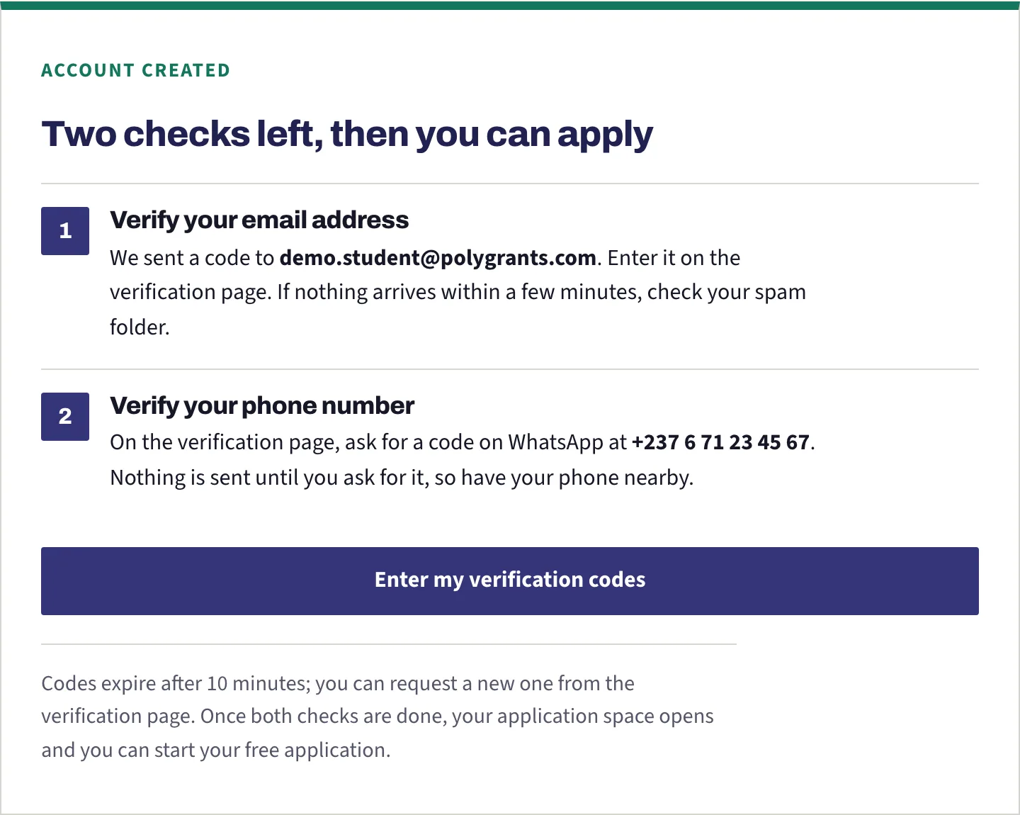 The account created panel, listing the two checks that are still to do