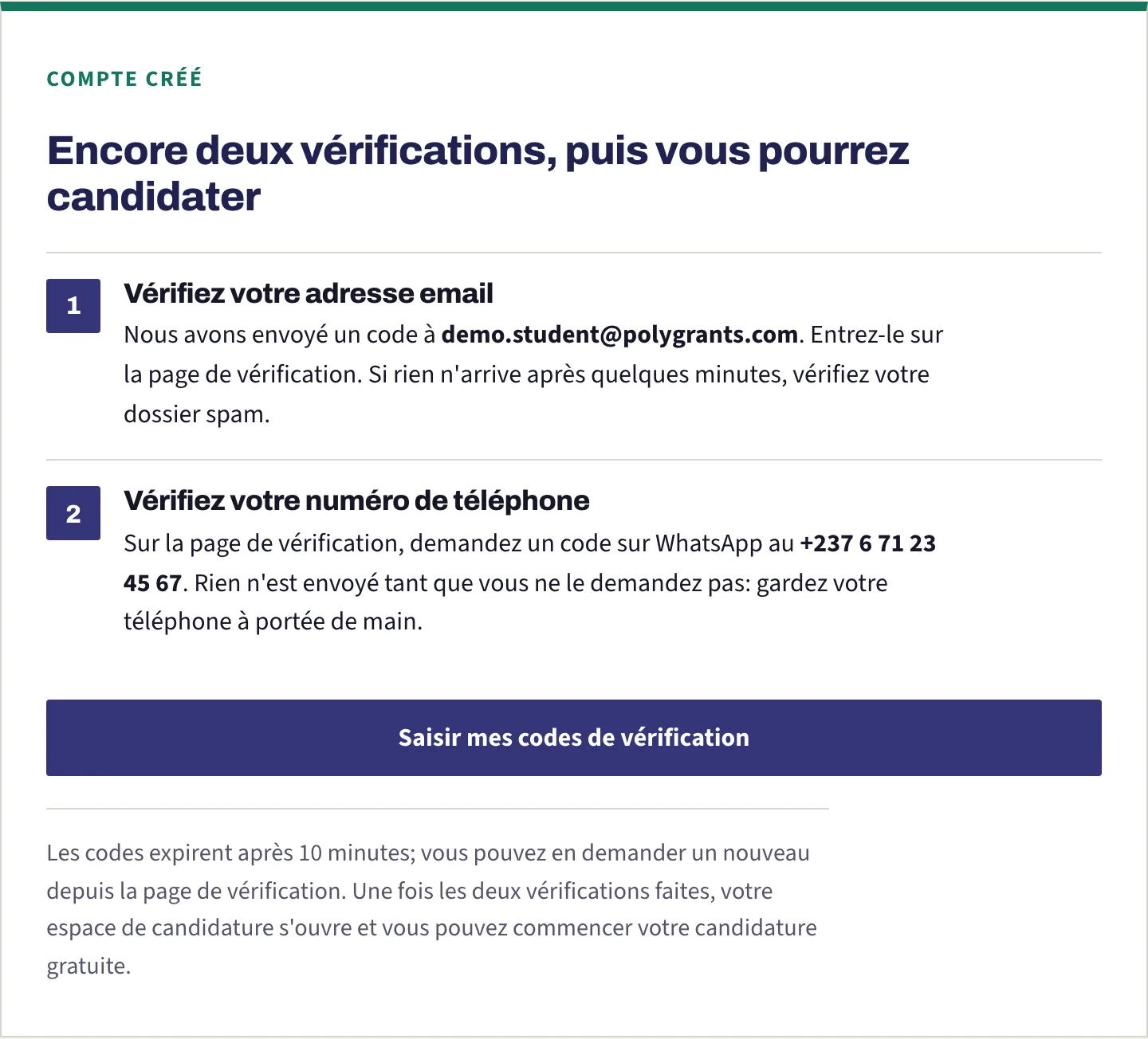 Le panneau de compte créé, listant les deux vérifications qui restent à faire