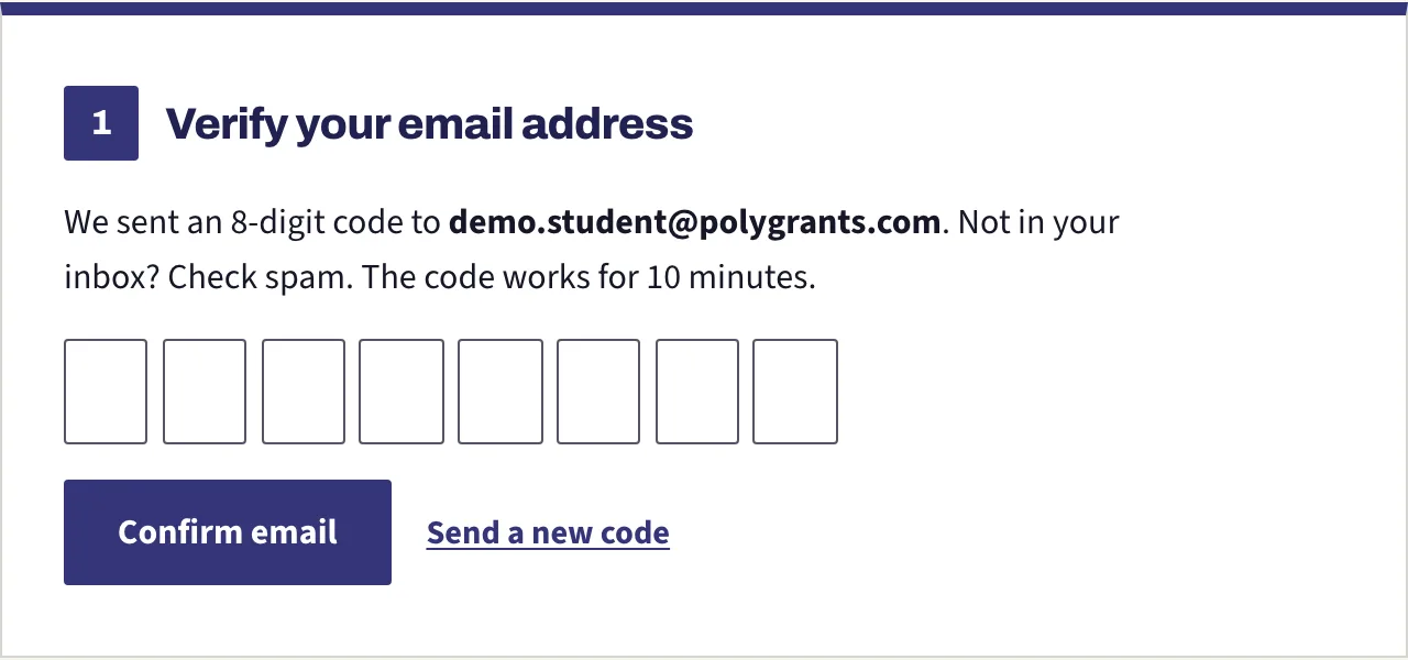 The email verification panel with its eight empty code boxes