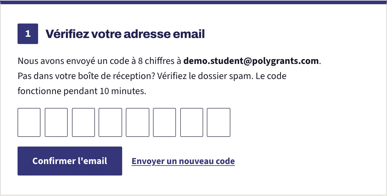 Le panneau de vérification de l'e-mail avec ses huit cases de code vides