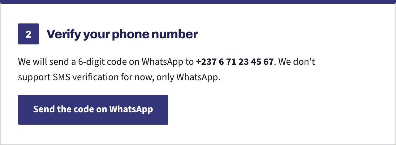 The phone verification panel before any code is asked for, showing the WhatsApp button