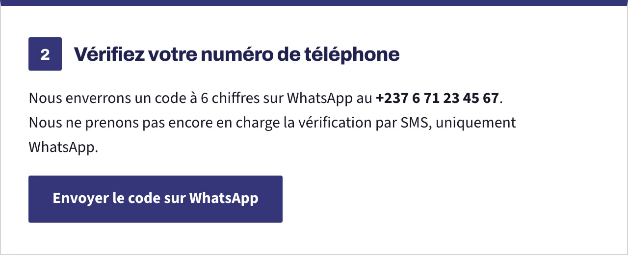 Le panneau de vérification du téléphone avant toute demande de code, avec le bouton WhatsApp