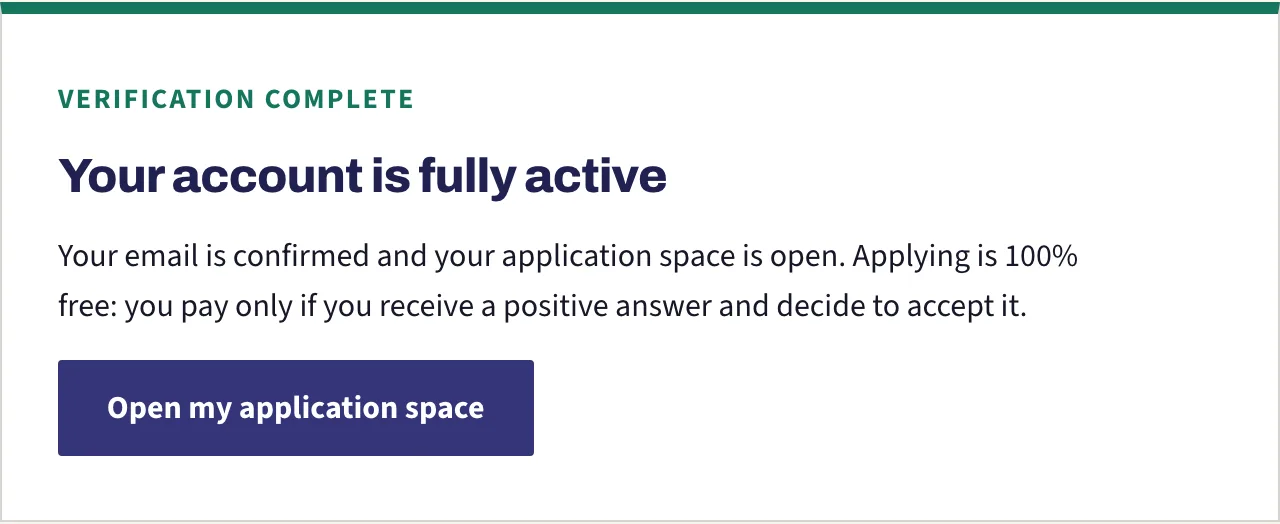 The verification complete card saying the account is fully active