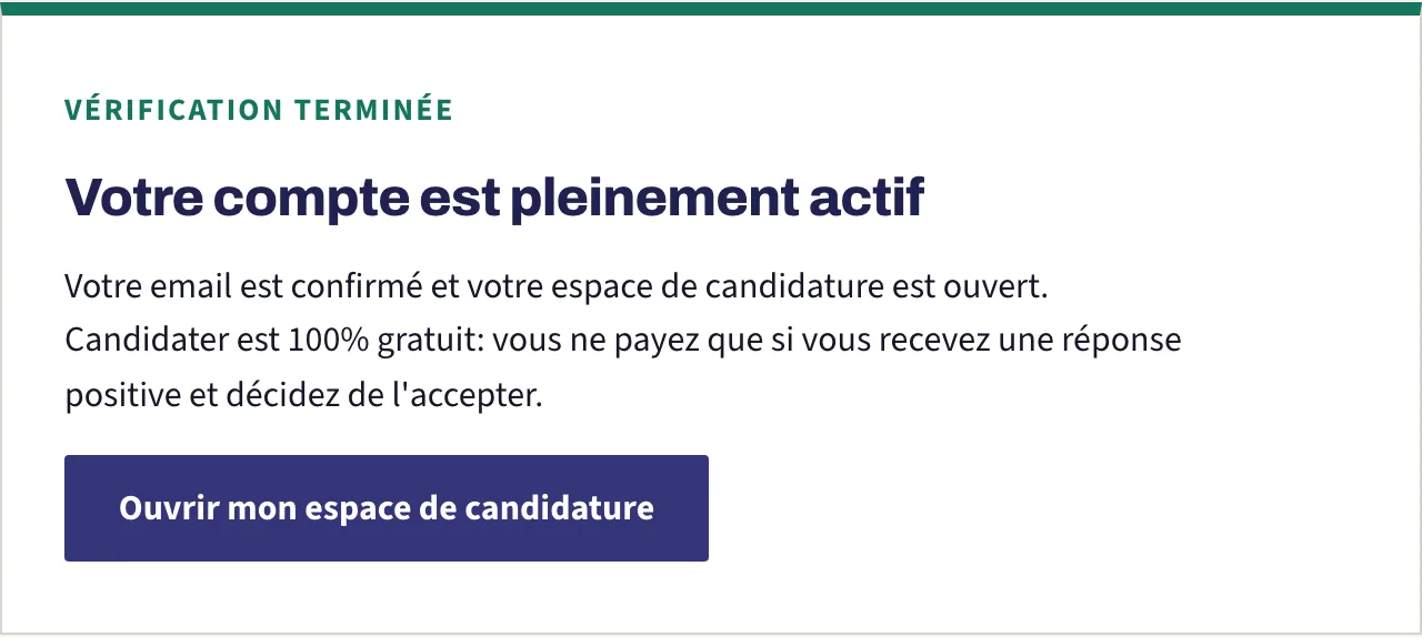 La carte de vérification terminée indiquant que le compte est pleinement actif
