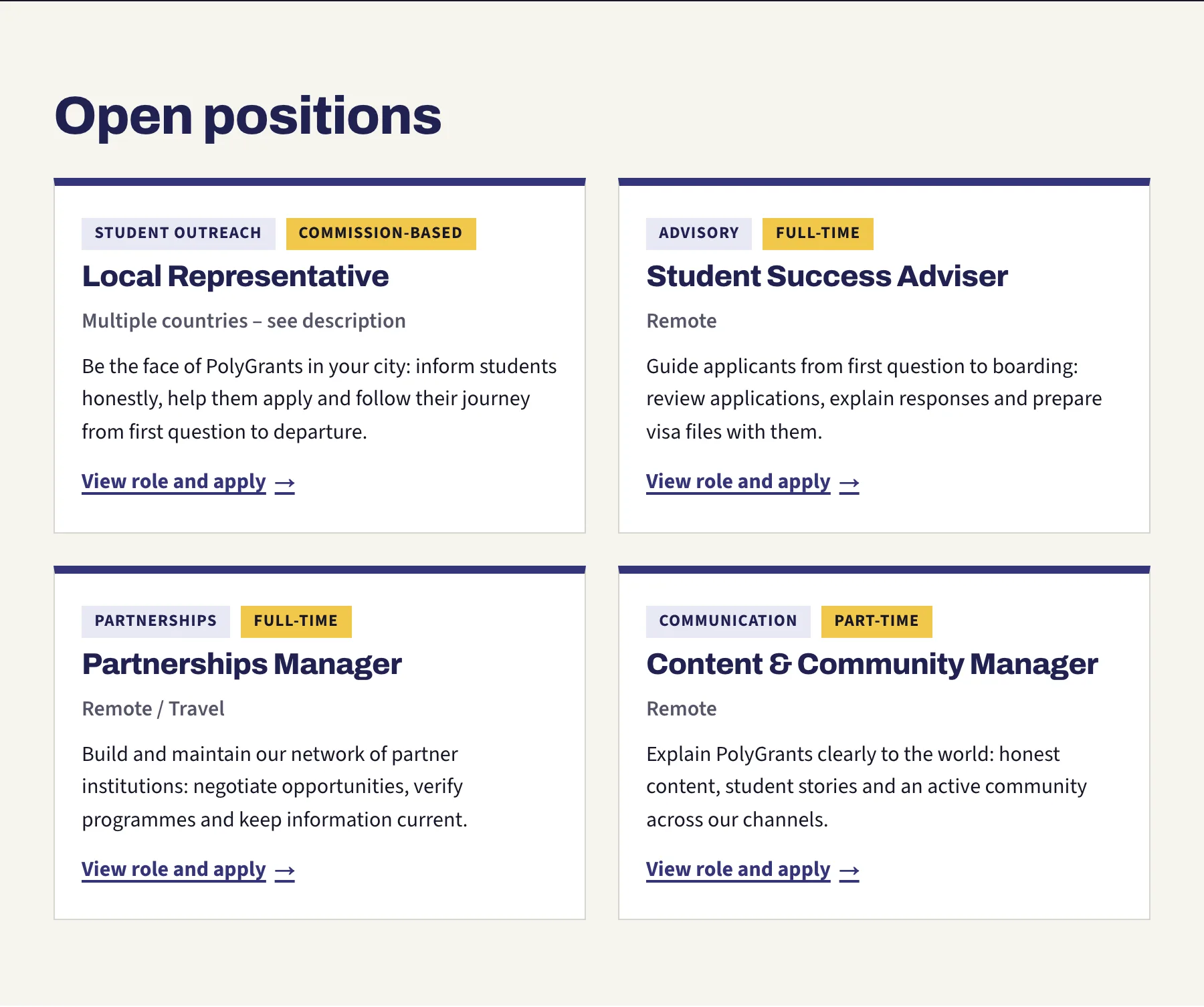 The open positions on the careers page, four role cards each showing its department, its contract type and where it is based