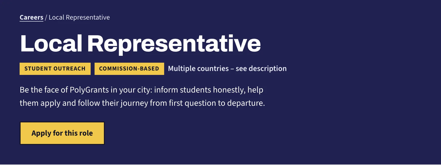 The top of a role page, with the job title, its tags, the summary and the yellow apply button