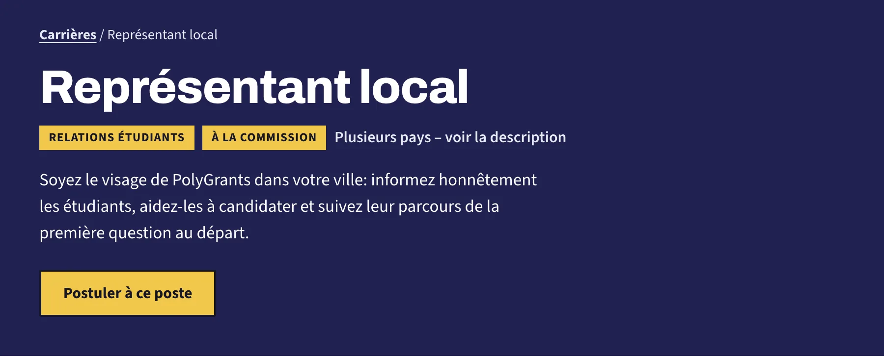 Le haut d'une page de poste, avec l'intitulé, les étiquettes, le résumé et le bouton jaune de candidature