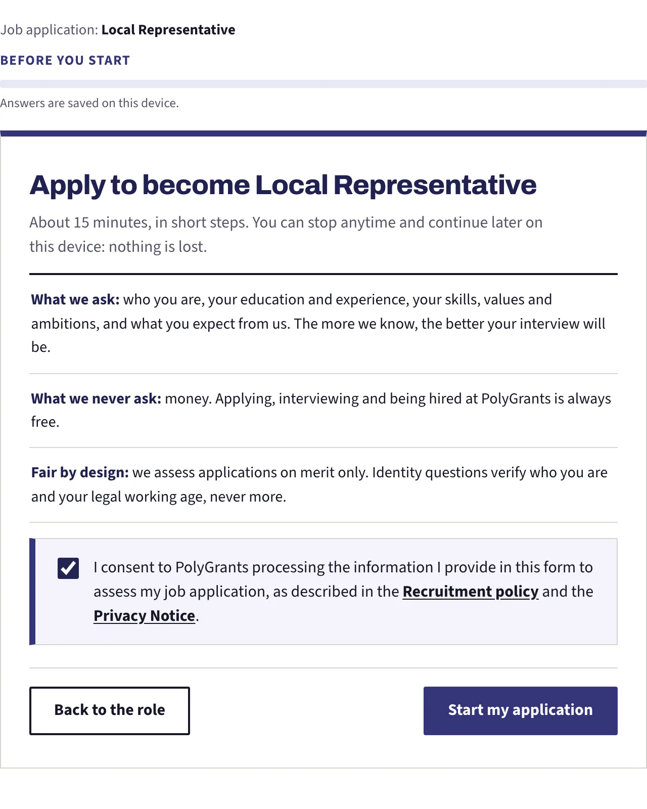 The first card of the application, listing what the form asks for, with the consent box ticked and the start button beside it