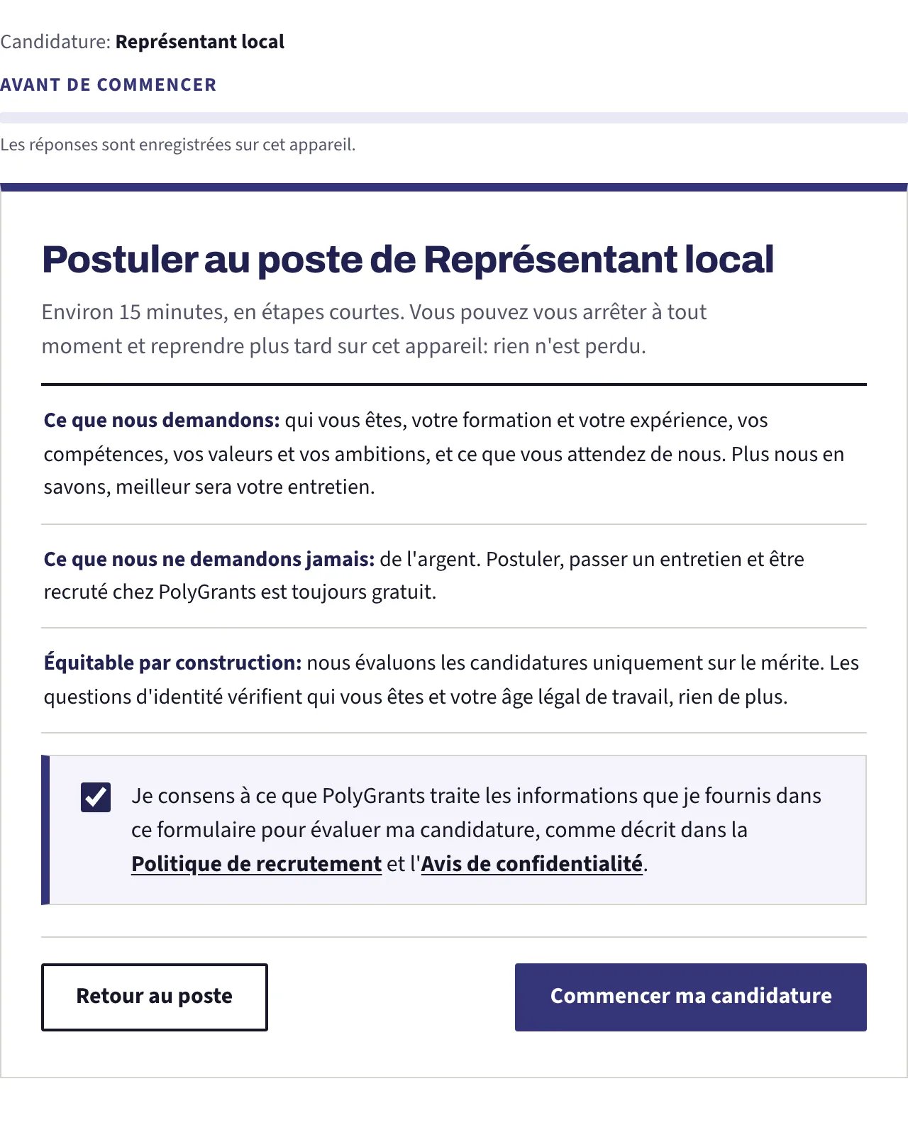 La première carte de la candidature, listant ce que le formulaire demande, case de consentement cochée et bouton de départ à côté