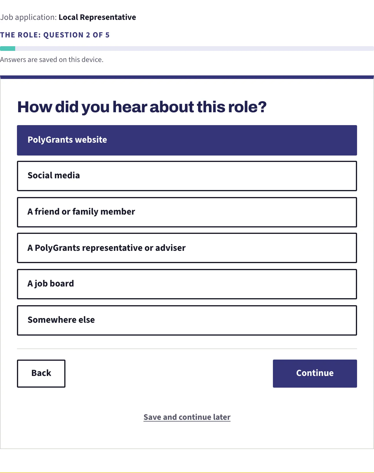 A one-answer question with its six options as large buttons, the chosen one filled in dark blue