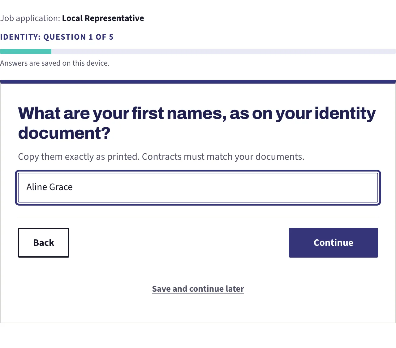 A typed answer, with the note underneath asking for the names exactly as printed on the identity document