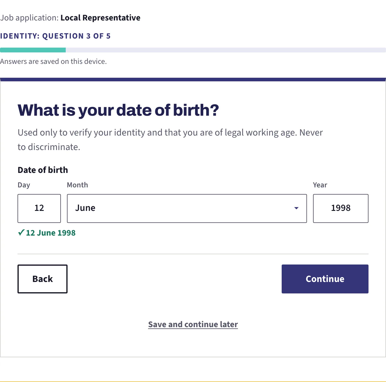The date of birth question, filled in with a day box, a month list and a year box