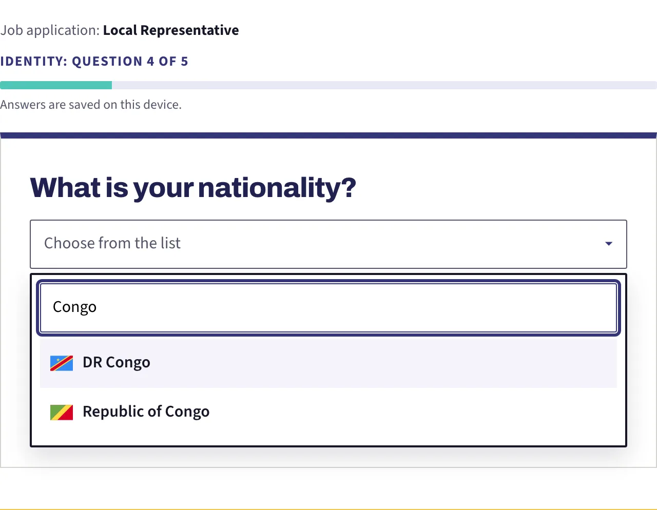A long list question with the panel open and letters typed into its search box, narrowing hundreds of countries to two