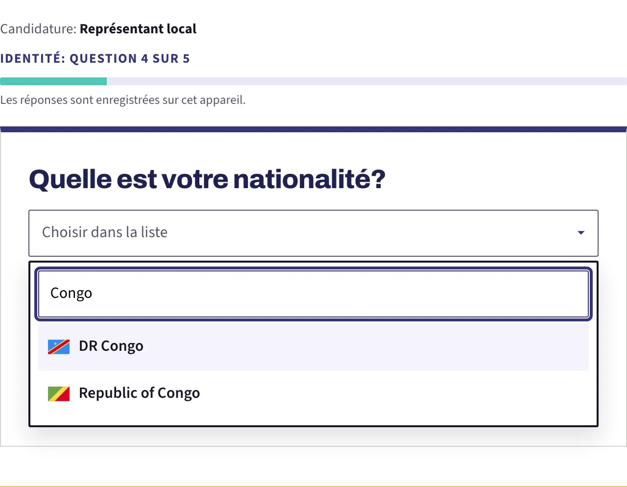 Une question à longue liste avec le panneau ouvert et des lettres tapées dans la recherche, réduisant des centaines de pays à deux