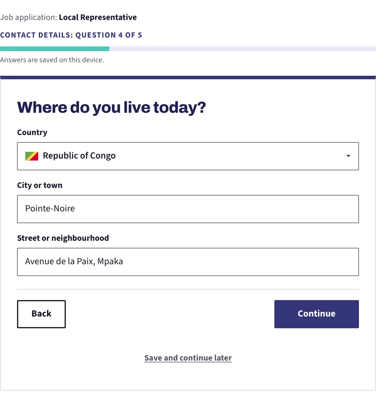 One screen carrying three boxes at once: country, city and street or neighbourhood