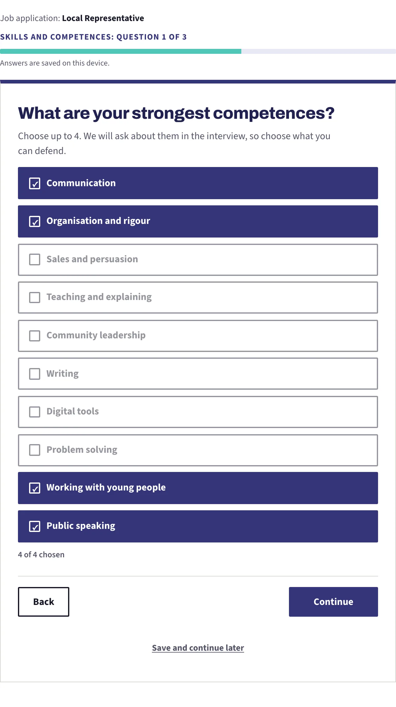 A pick-several question with the limit reached: four answers chosen, a counter reading four of four, and the rest greyed out