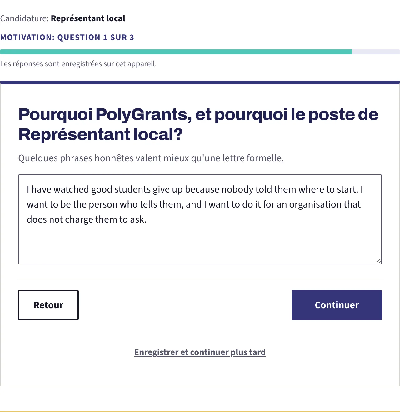 La question de motivation avec une réponse rédigée dans la zone de texte