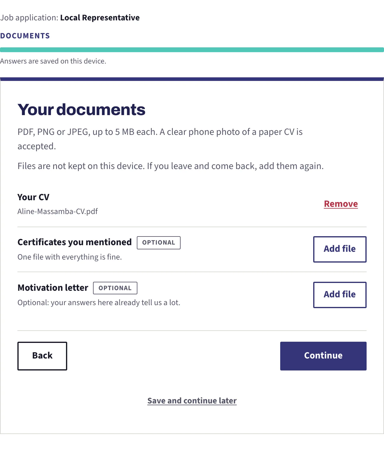 The documents screen with the CV attached and its file name shown, above the two slots marked optional