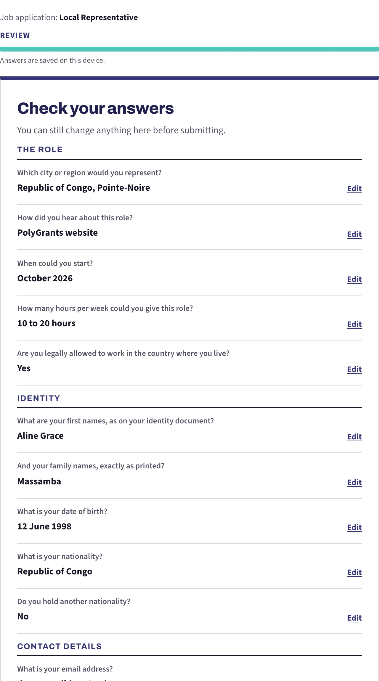 The top of the check-your-answers list, each row showing the question, the answer given and an Edit link