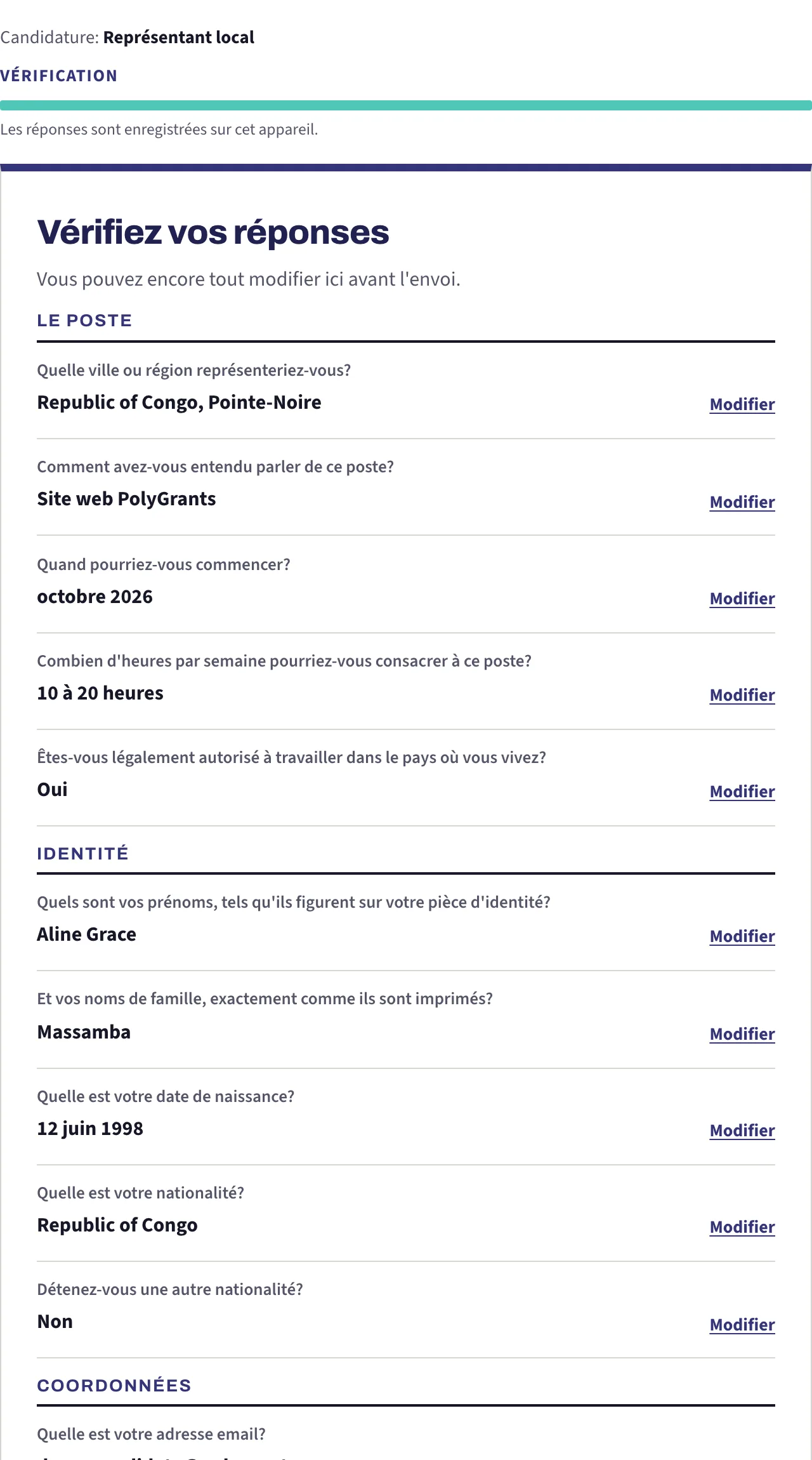 Le haut de la liste de vérification des réponses, chaque ligne montrant la question, la réponse donnée et un lien Modifier