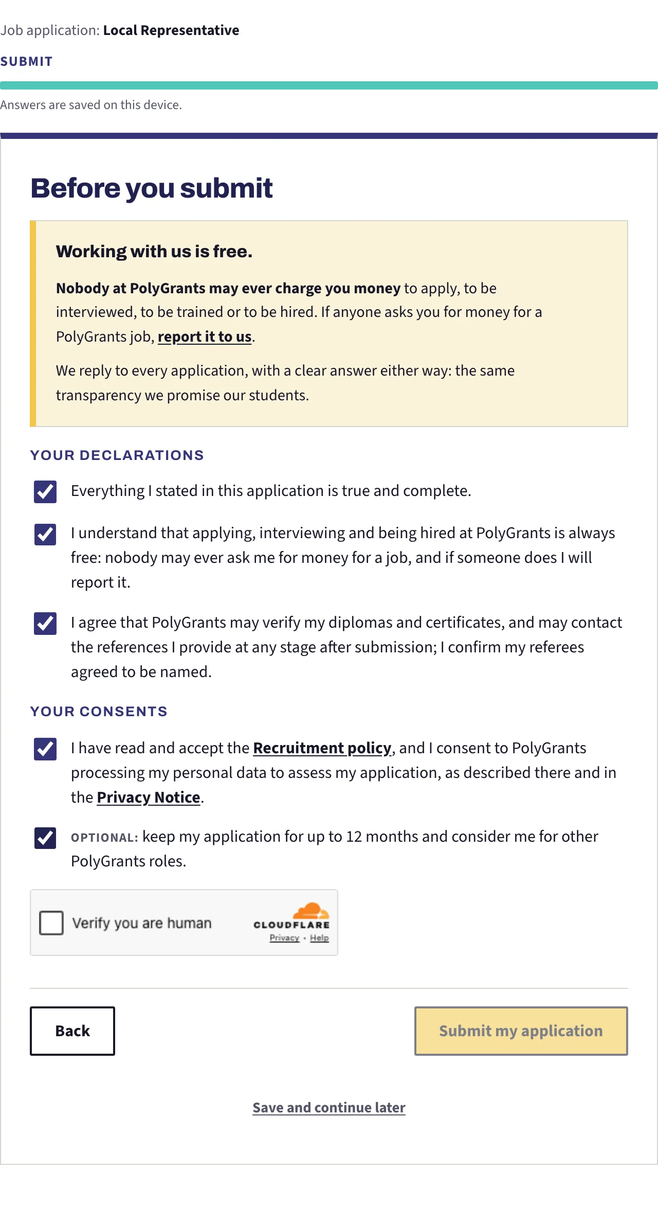 The last screen before sending: the notice that working here is free, the three declarations, the consents, the security check and the submit button