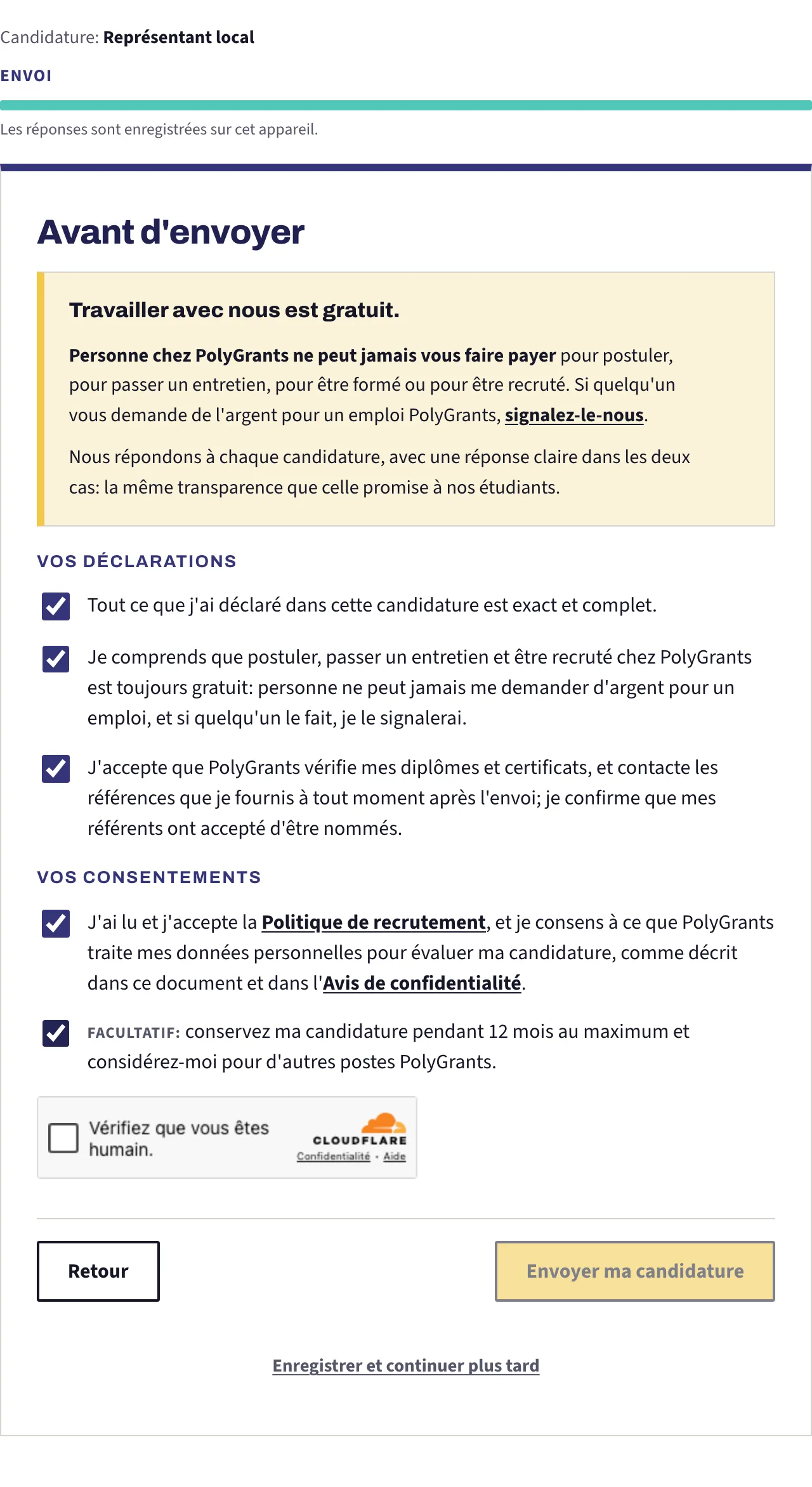 Le dernier écran avant l'envoi: l'avis rappelant que travailler ici est gratuit, les trois déclarations, les consentements, le contrôle de sécurité et le bouton d'envoi